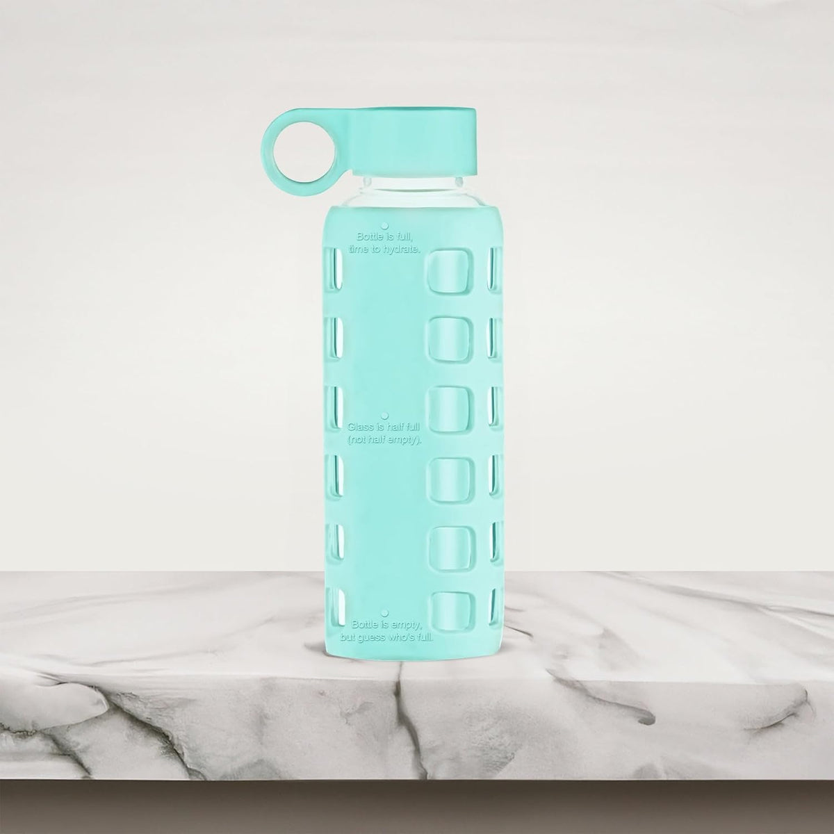 purifyou 40oz / 32oz / 22oz / 12oz Borosilicate Glass Water Bottle with Time & Volume Markers, Silicone Sleeve, Stainless Steel Lid – Reusable Glass Bottle for Water & Juice (12oz Glow-in-the-Dark)