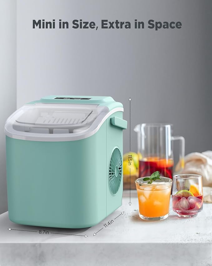 Silonn Countertop Ice Maker, 9 Cubes Ready in 6 Mins, 26lbs in 24Hrs, Self-Cleaning Ice Machine with Ice Scoop and Basket, 2 Sizes of Bullet Ice for Home Kitchen Office Bar Party, Green