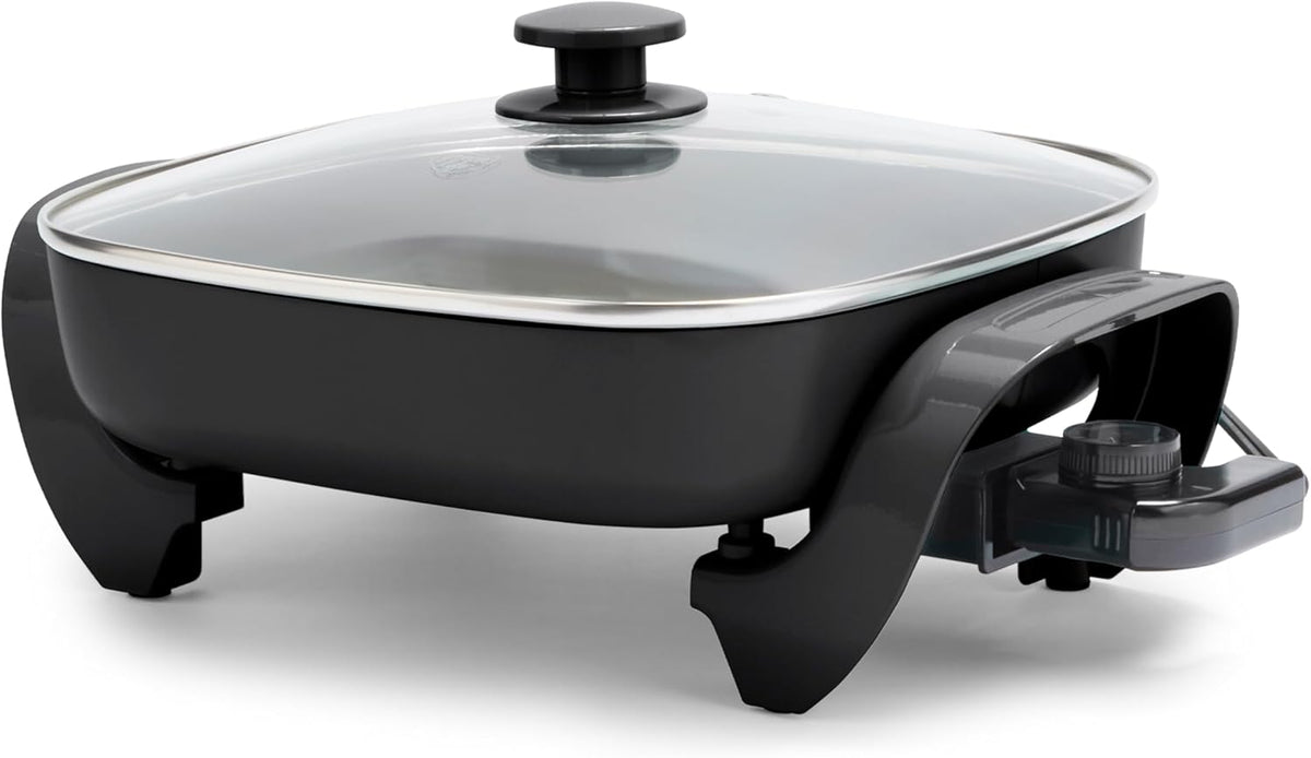 GreenLife 12" 5QT Square Electric Skillet, Glass Vented Lid, Ceramic PFAS-Free Nonstick Coated Interior, Adjustable Temperature Control, Cool Touch Handles, Quick Even Heating, Scratch Resistant,Black