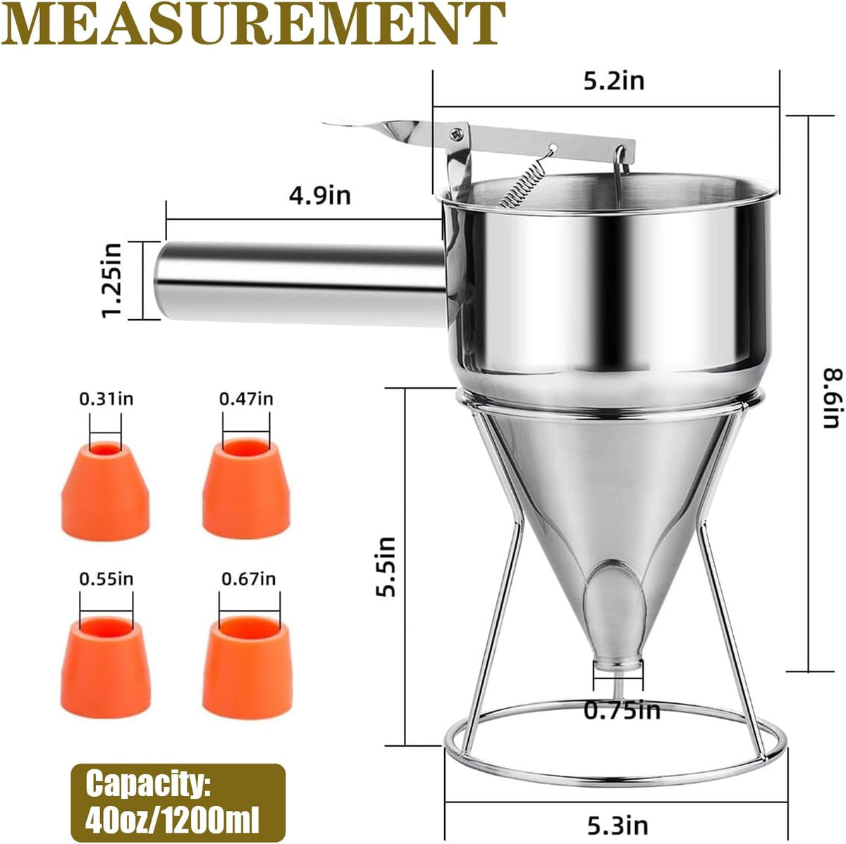 40oz Pancake Batter Dispenser Stainless Steel with Metal Spatula, Stand, Squeeze Handle and Versatile Silicone Funnel, Baking Tool for for Pancake, Cake, Cupcake, Waffles and Muffins Making