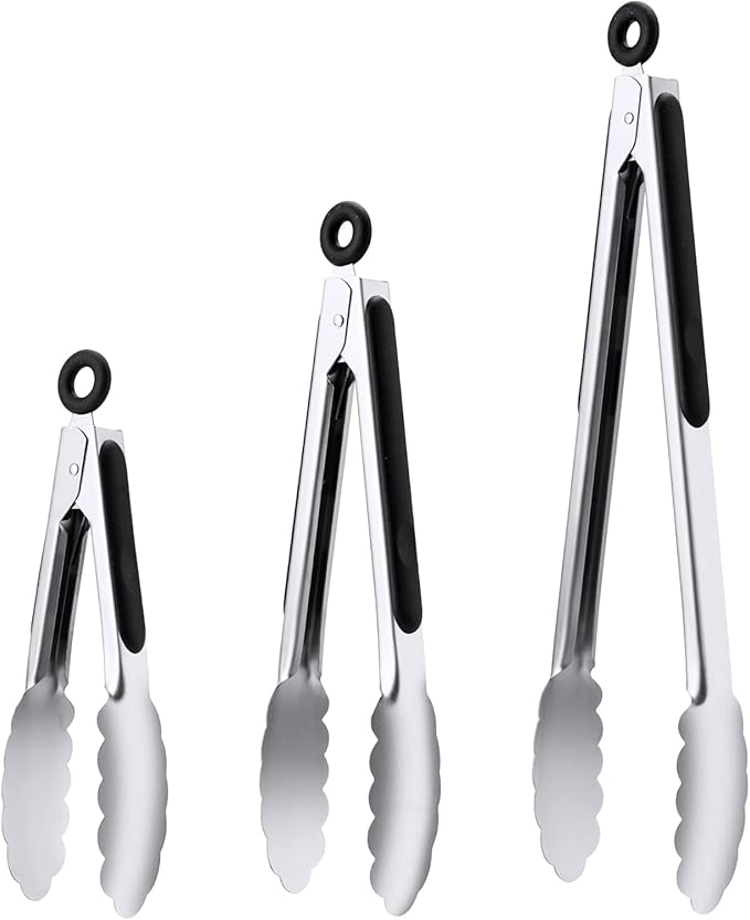 Stainless Steel Tongs Set, Food Grade Stainless Steel Kitchen Tongs, Heat Resistant 600 Degrees, for Cooking, BBQ Barbecue, Grilling, Buffet, Serving (7"+9"+12")