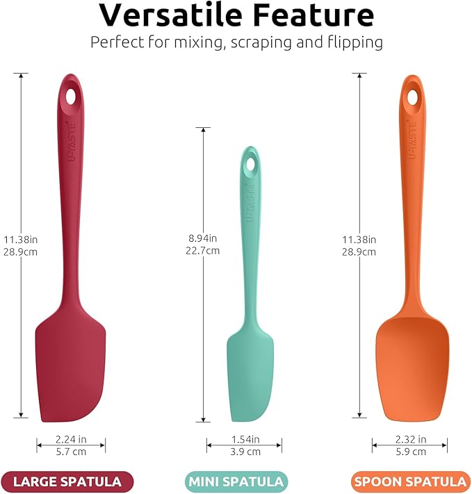 U-Taste Silicone Baking Spatula Set: 600ºF High Heat Resistant, Food Grade Flexible Rubber Kitchen Cooking Mixing Scraper, Food Grade Seamless Utensil for Nonstick Cookware Set of 3 (Colorful)
