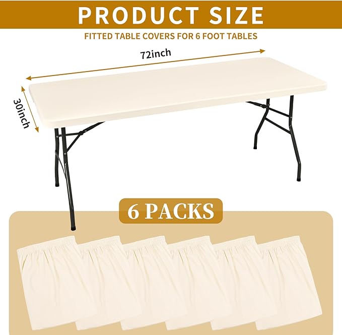6 Pack Stretch Fabric Table Top Cap Cover, fits 6' Tables, Spandex Table Covers Washable Elastic Rectangle Tablecloth Protector for Indoor Outdoor Party Picnic Wedding, Ivory, 30" W x 72" L
