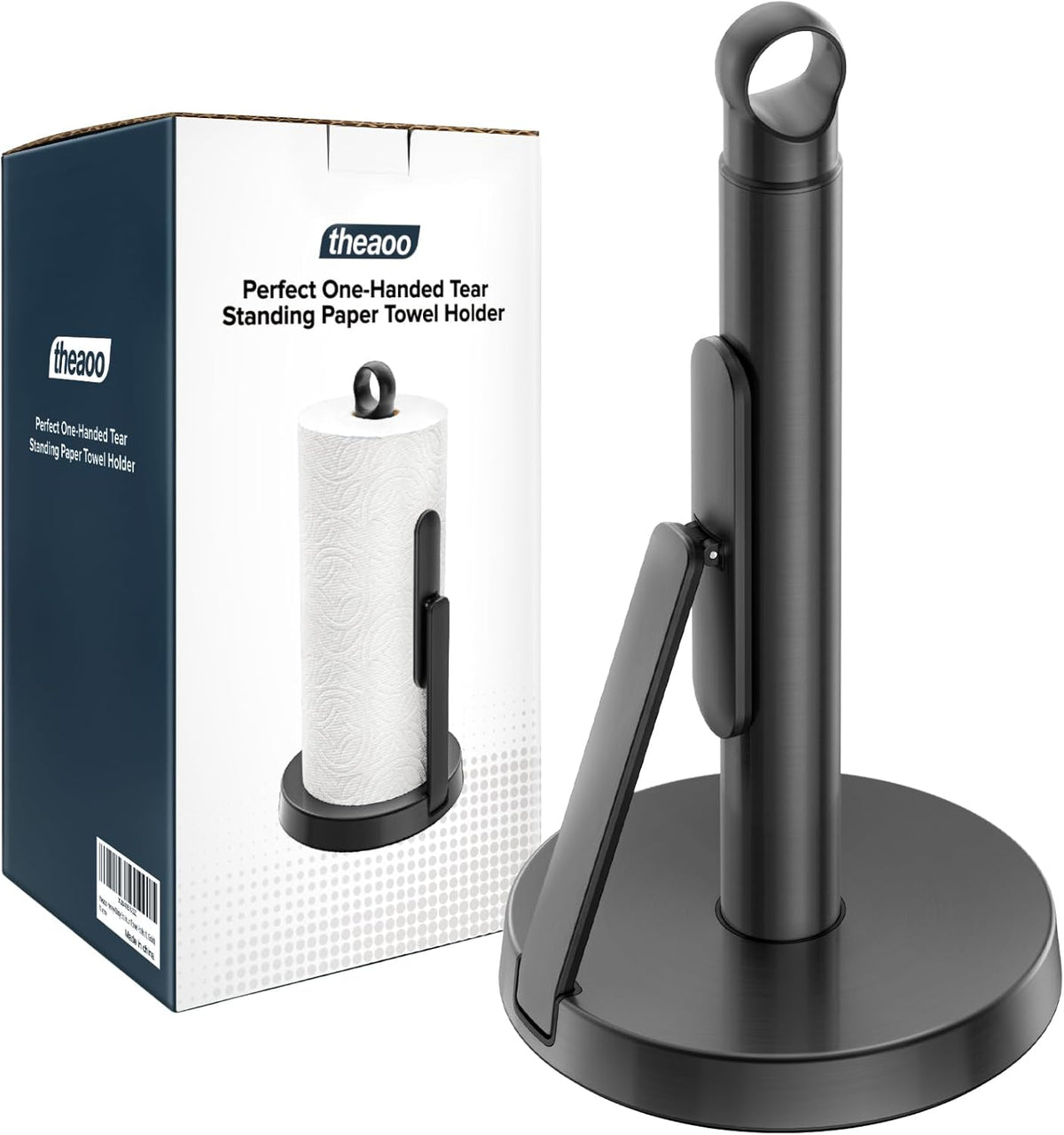 theaoo Heavy-Duty Stainless Steel Paper Towel Holder with Tension Arm – Easy One-Handed Tear, Modern Standing Countertop Dispenser for Kitchen, Holds All Paper Towel Rolls (1, Black)