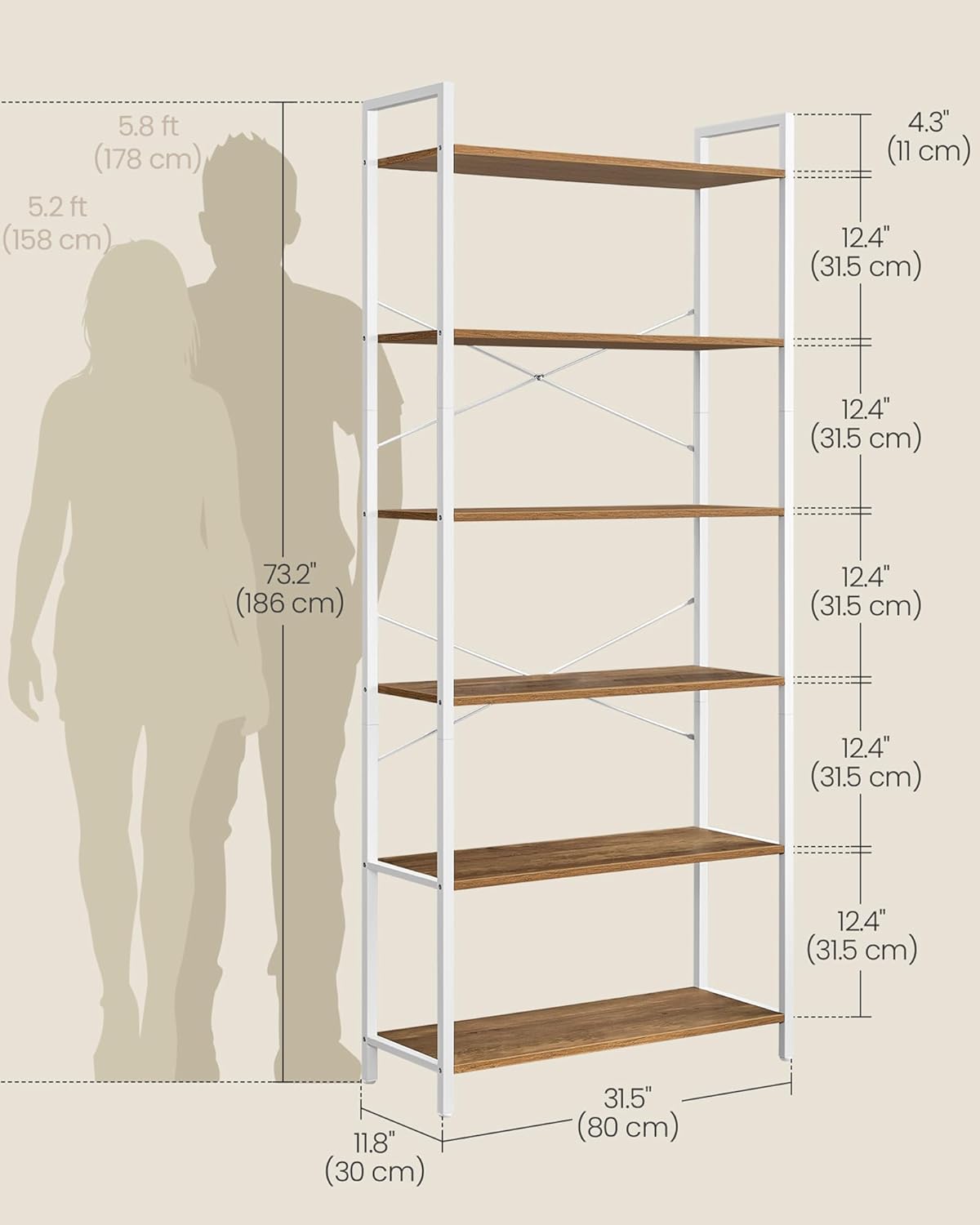 VASAGLE 6-Tier Bookshelf, Bookcase with Steel Frame, Book Shelf for Living Room, Home Office, Study, 11.8 x 31.5 x 73.2 Inches, Industrial Style, Honey Brown and Cloud White ULLS082K01