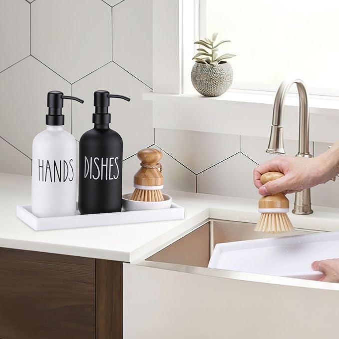 Glass Soap Dispenser for Kitchen, Farmhouse Dish Soap Dispenser&Hand Soap Dispenser Set,Rustproof Pump Soap Lotion Dispenser Set with Tray and Dish Brush,Kitchen Decor(Black&White)