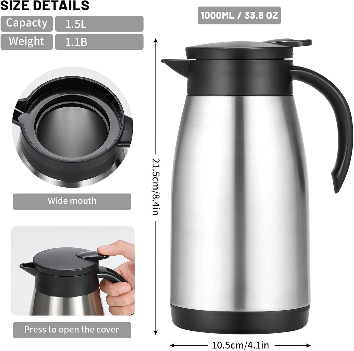 34 Oz Thermal Carafe, Insulated Stainless Steel Coffee Carafes for Keeping Hot Coffee & Tea for 12 hrs and Cold for 24 hrs, 1L/Silver