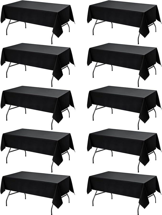 10-Pack Black Tablecloths for Rectangle Tables, 54 x 108 Inches, Stain-Resistant Polyester Fabric for 6 Foot Tables - Washable Table Covers for Weddings, Banquets, Birthday Parties, Events