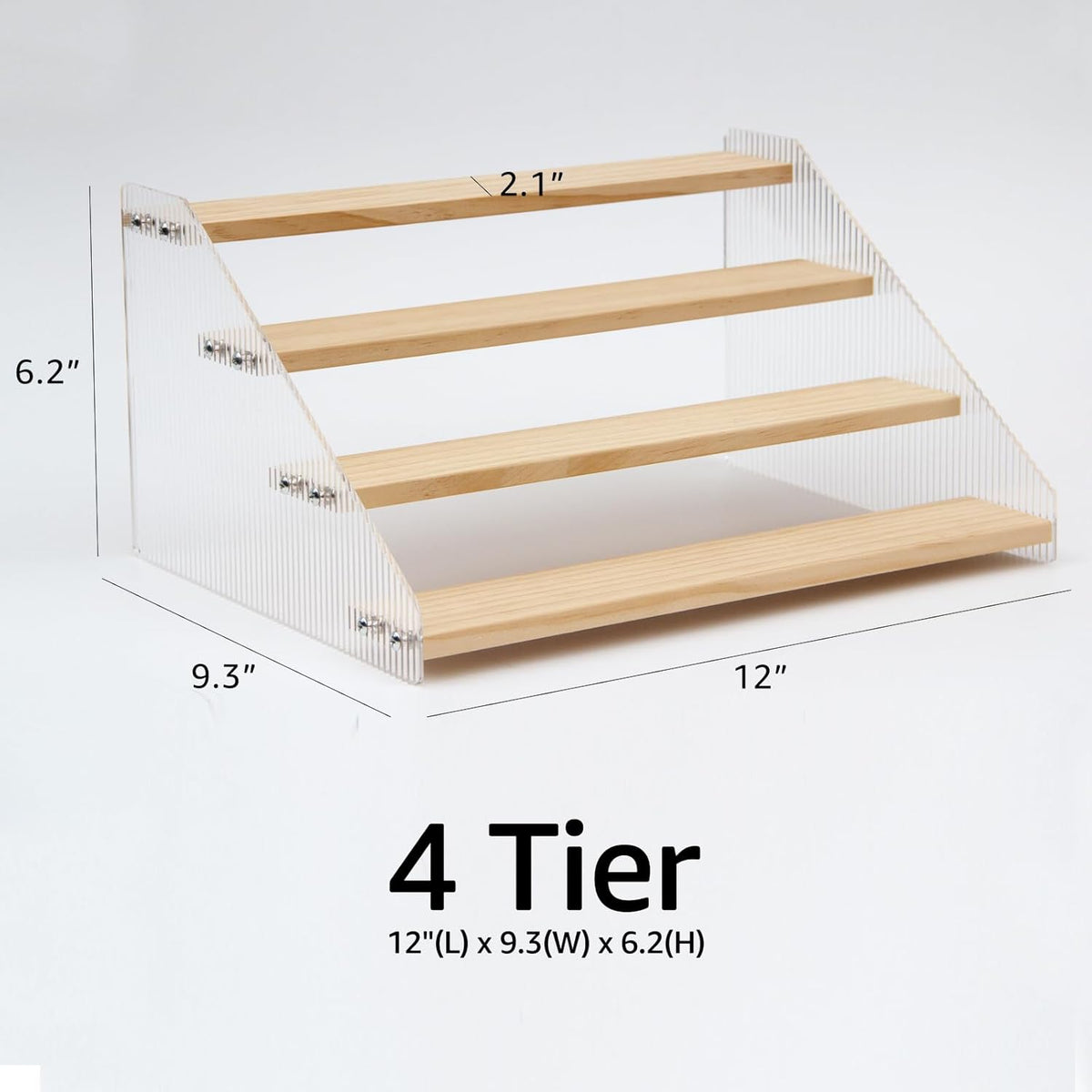 nianfeng Tiered Spice Rack, 4-Tier Spice Pantry Kitchen Cabinet Organizer, 12-Inch, Natural Wood Acrylic Stair Riser Stand, Countertop Seasoning Shelf