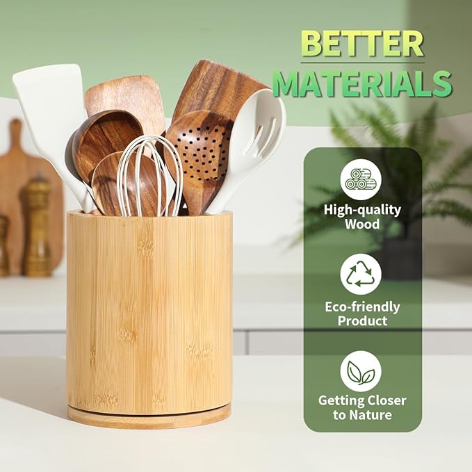 Wooden Utensil Holder, 360°Rotating 7.3'' Large Utensil Holder for Kitchen Counter, Kitchen Utensil Organizer, Utensil Crock, Farmhouse Kitchens Countertop Decor, Bamboo Wood