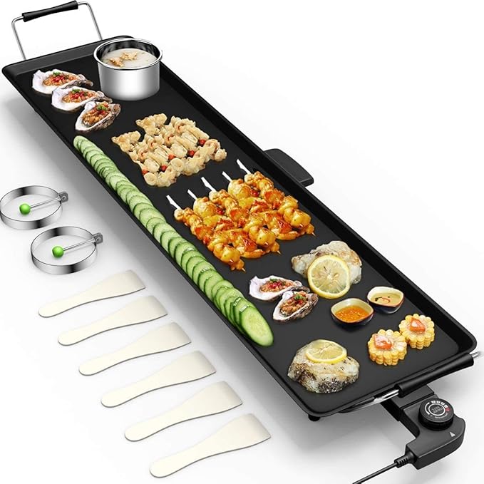 HAPPYGRILL Electric Griddle Teppanyaki Grill, Nonstick Countertop Griddle with Adjustable Temperature, 35" Barbecue Grill Cooking Plates for Indoor Outdoor Patio Camping