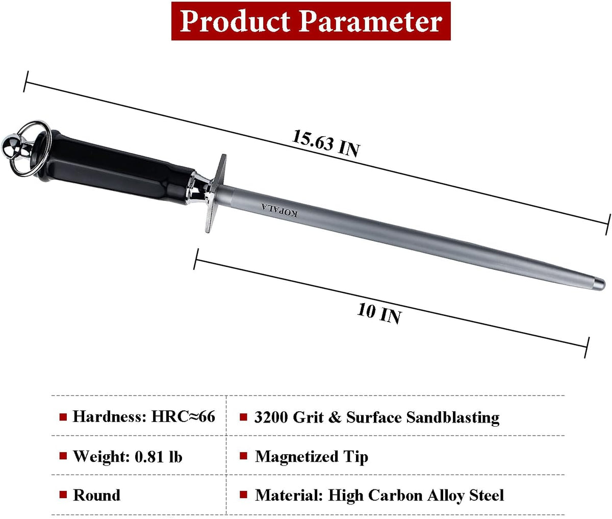 Sharpening Steel Knife Sharpener Rod Round 10 Inches Honing Steel for Knives Dark