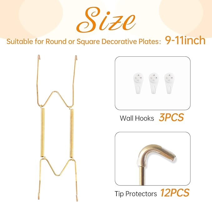 3 Pack Plate Hangers for The Wall, Suitable for 9-11 inch Art Plate, Stainless Steel Invisible Heavy Duty Wire Plate Holder with Wall Hooks, Plate Hangers for Displaying Plates, Platter, Dish, Gold