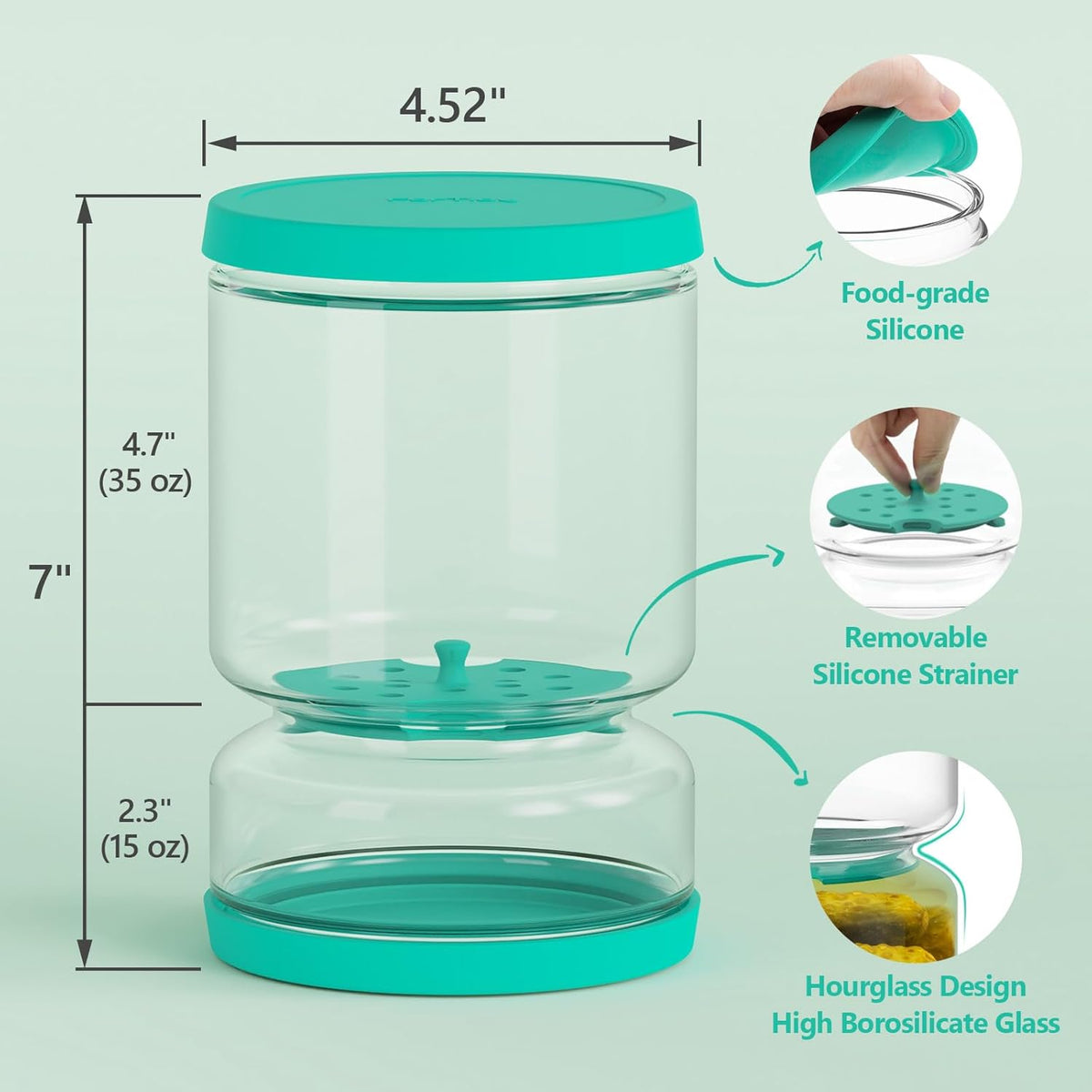 Glass Pickle Jar with Strainer for Pickle Lover - 50 oz Airtight Olive Container with Silicone Lids, Kitchen Organization Must-Have Versatile Hourglass Jar, BPA-Free, Dishwasher Safe (Green)