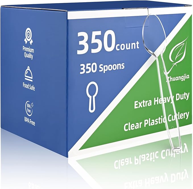 350 Count Clear Plastic Spoons, Extra Heavy Duty Plastic Spoons, Premium Disposable heavy duty spoons Set, BPA-Free Heat Resistant plastic utensils for Party Supplies, Weddings and Everyday Use