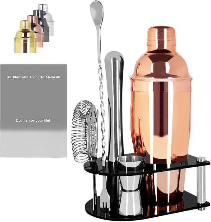 Cocktail Shaker Bartender Kit: 5 Piece Bar Tool Set, Cocktail Shaker Set with Stand, Drink Mixing Includes Martini Shaker,Strainer,Jigger,Bar Mixer Spoon,Muddler ﻿ (Rose Gold, 750ml(25oz))