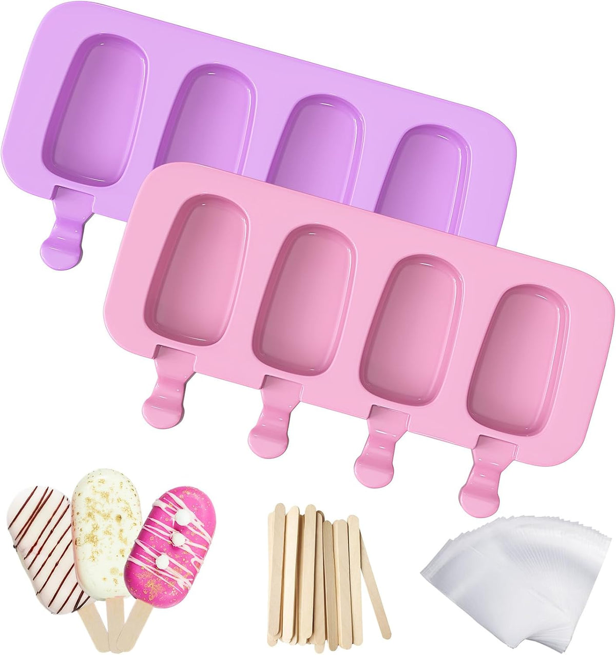 Ozera Popsicles Molds Set of 2, Silicone Cake Pop Molds Reusable Homemade Popsicle Maker Ice Pop Cakesicle Molds with 50 Wooden Sticks & 50 Popsicle Bags