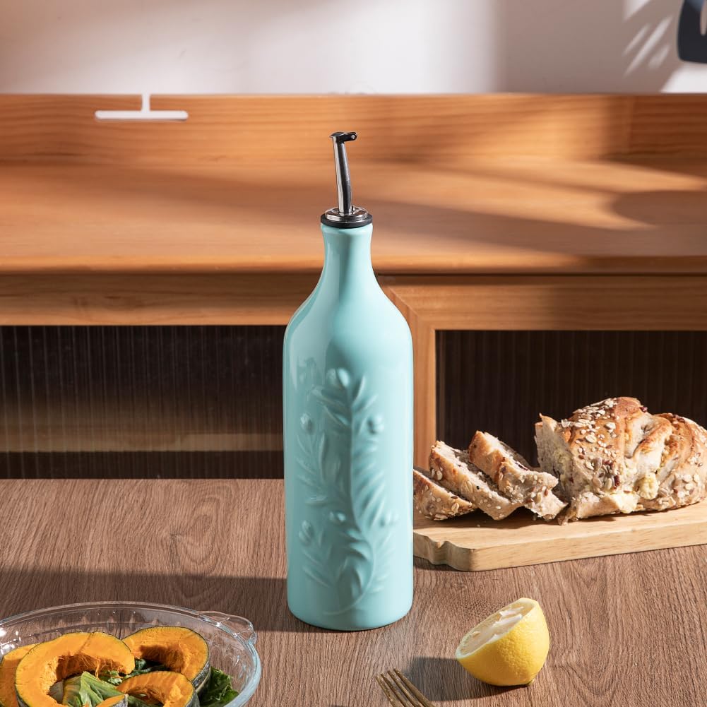 Sweejar Large Olive Oil Dispenser Bottle with Spout, 24 Oz Ceramic Oil Dispenser for Kitchen, Relief Opaque Oil Cruet, Oil Container for Cooking, EVOO, Avocado Oil, Vinegar, Pack of 1(Turquoise)