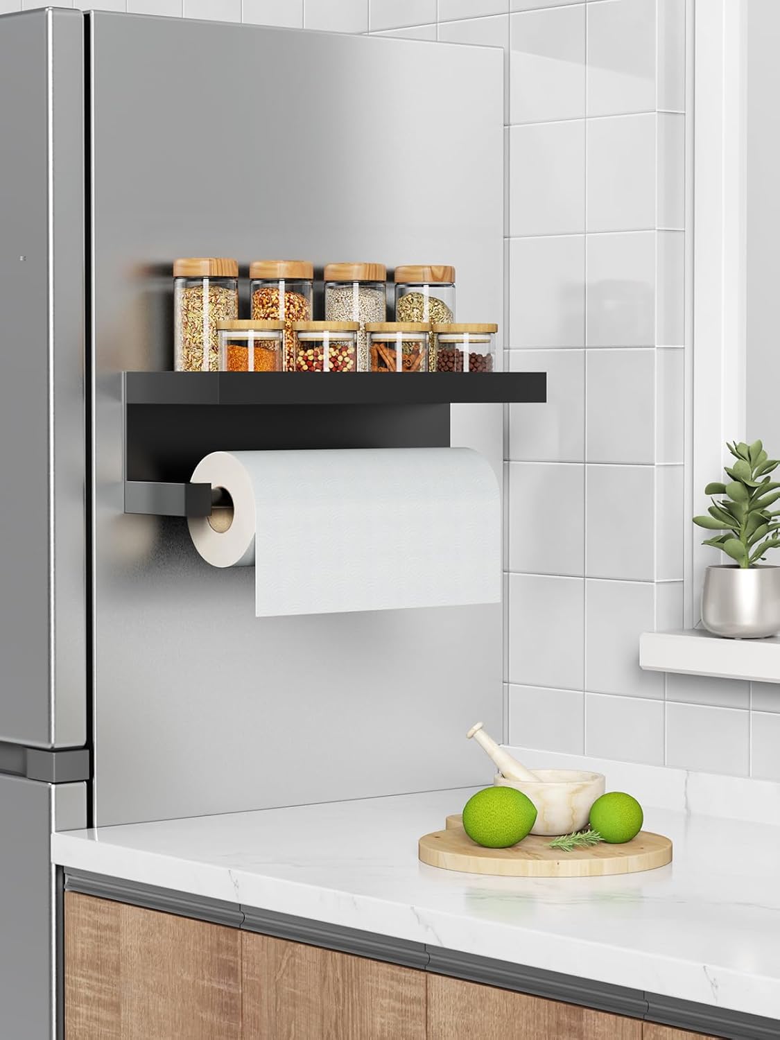 3-in-1 Paper Towel Holder Magnetic Adhesive Wall Mount - Paper Roll Holder with Shelf Under Cabinet, Kitchen Essentials for New Home Apartment Decor, RV Camper Organization Must Haves, Black