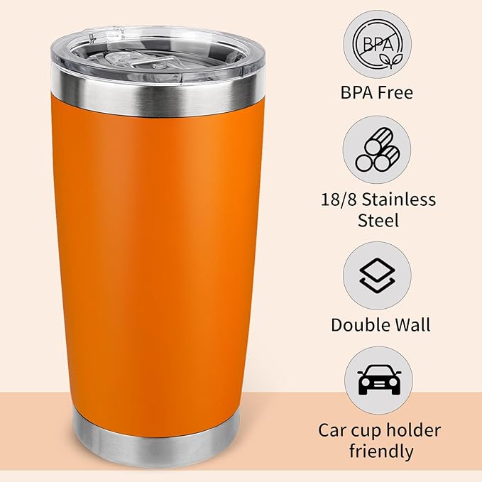 20oz Stainless Steel Tumbler Bulk with Lid, Travel Mug - Double Wall Vacuum Powder Coated Cup - Orange, 6 Pack