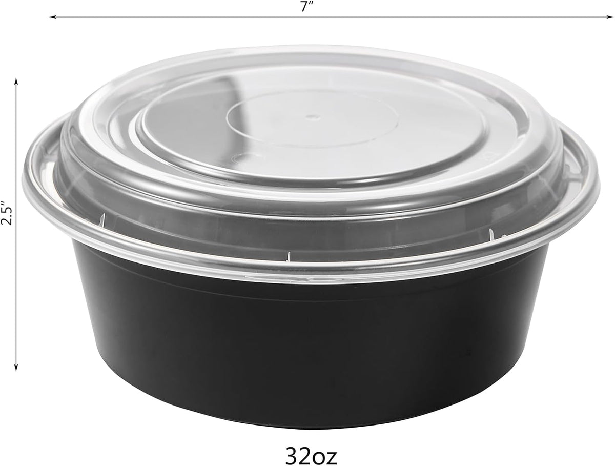 FULING 32 oz 150 ct Round Meal Prep Containers with Lids Plastic Food Storage Lunch Plan To Go Box Disposable Take Out Bowls Black BPA Free Reusable Durable Stackable Microwave Freezer Dishwasher Safe