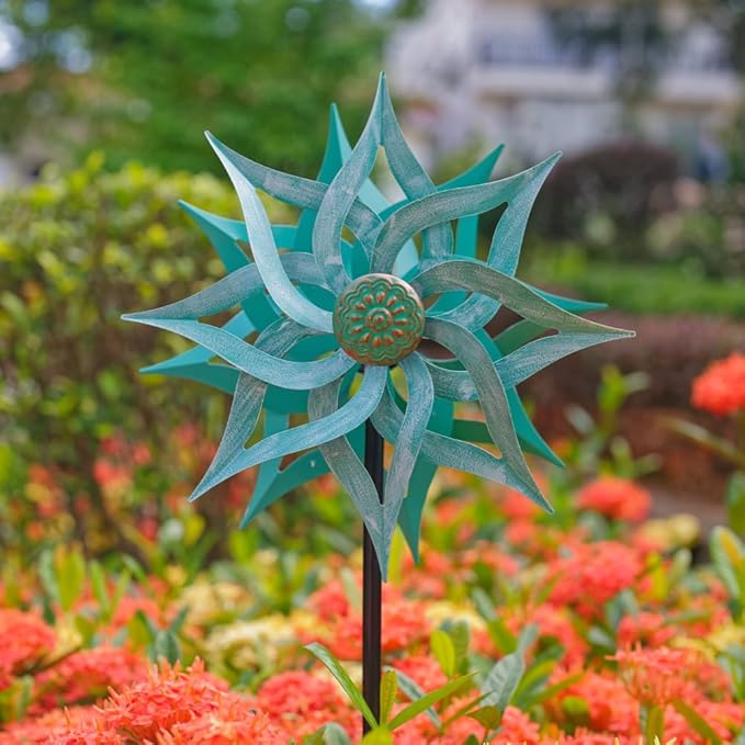 Viveta Metal Wind Spinners,53.5" Kinetic Wind Sculptures,Green Garden Pinwheels Double Layer Windmill for Outdoor Patio Lawn Yard