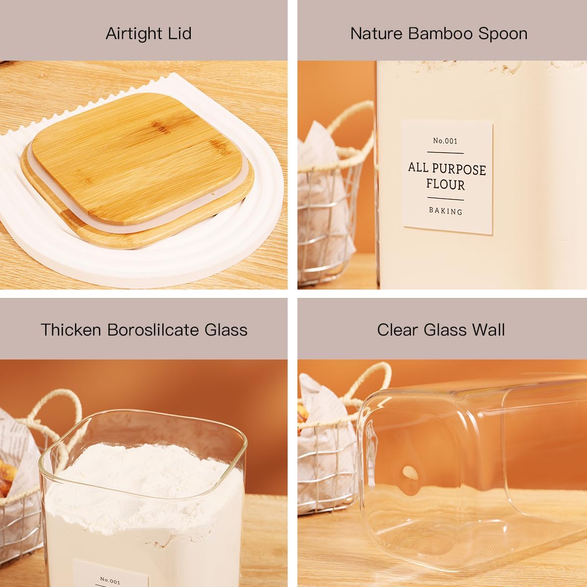2 Pack large Square Glass Flour and Sugar Containers with 132 Kitchen Pantry Labels - 110 floz & 51 floz - Glass Jars with Airtight Bamboo Lid - Glass Rice Canisters for Coffee, Pasta, Cookie, Cereal