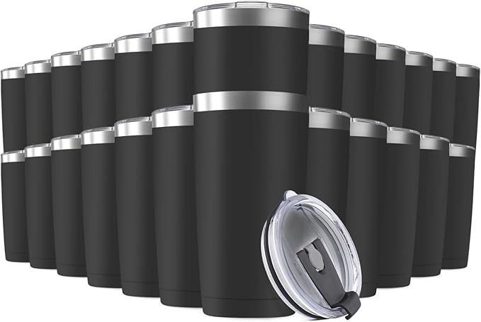 25 Pack 20oz Tumbler Vacuum Insulated Travel Mug with Lids, Stainless Steel Double Wall Bulk Cup for Home, Office, Outdoor Suitable for Vehicle Cup Holders Black