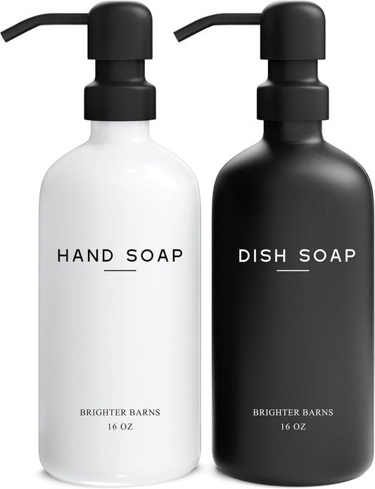 Luxury Glass Hand and Dish Soap Dispenser Set by Brighter Barns - Kitchen Soap Dispenser Set with Stainless Steel Pump for Kitchen Sink - Neutral Modern Farmhouse Home Decor for Airbnb (Black/White)