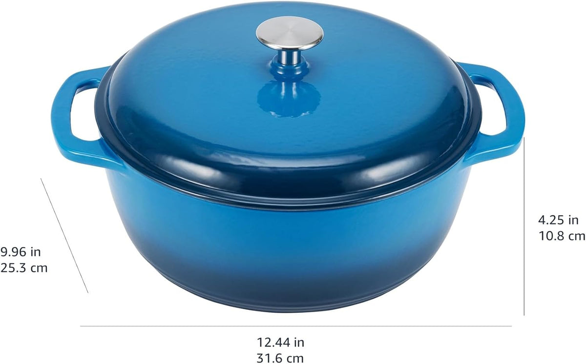 Amazon Basics Cast Iron Dutch Oven Pot with Lid, Enameled, Round, Dual Handles, Heavy-Duty, Small, 4.3-Quart, Blue