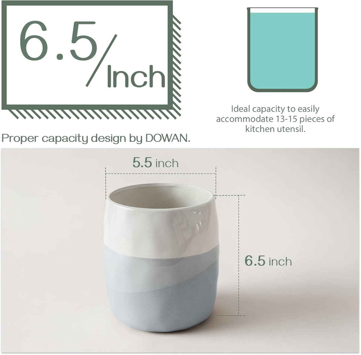 DOWAN Utensil Holder, 6.5″ Large Utensil Holder for Kitchen Counter, Ceramic Utensil Crock with Table-Protection Cork Mat, Utensil Organizer Caddy for Tongs, Spoons