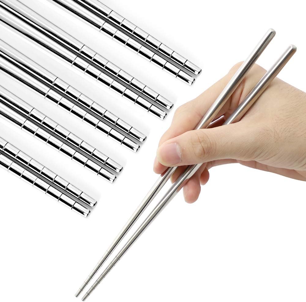 Stainless Steel Chopsticks 5 Pairs Reusable Multicolor Lightweight 304 Metal Chopsticks Square Lightweight Non-Slip Chop Sticks Dishwasher Safe Gift Set(Silver Hollow)