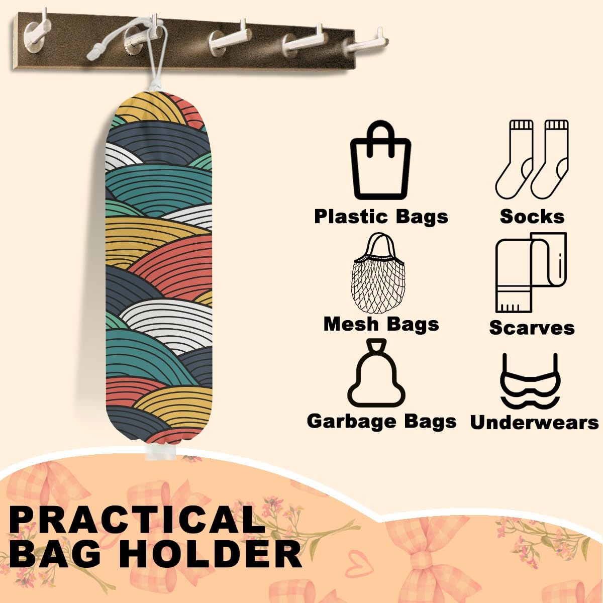 2Pcs Abstract Wave Seamless Pattern Plastic Bag Holder, Wall Mount Grocery Bag Holder for Plastic Bags, Colorful Wavy Print Reusable Grocery Bags Storage Dispenser, Farmhouse Home Kitchen Decor