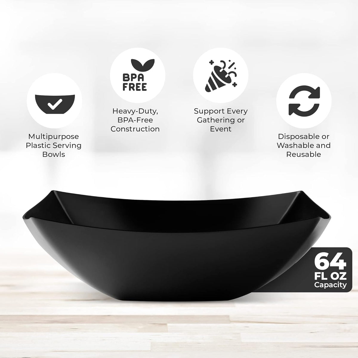 Posh Setting - Black Plastic Serving Bowls for Party (64oz - 4 Pack) Square, Disposable & Fruit Bowls for Party Table, Candy Containers for Candy Buffet