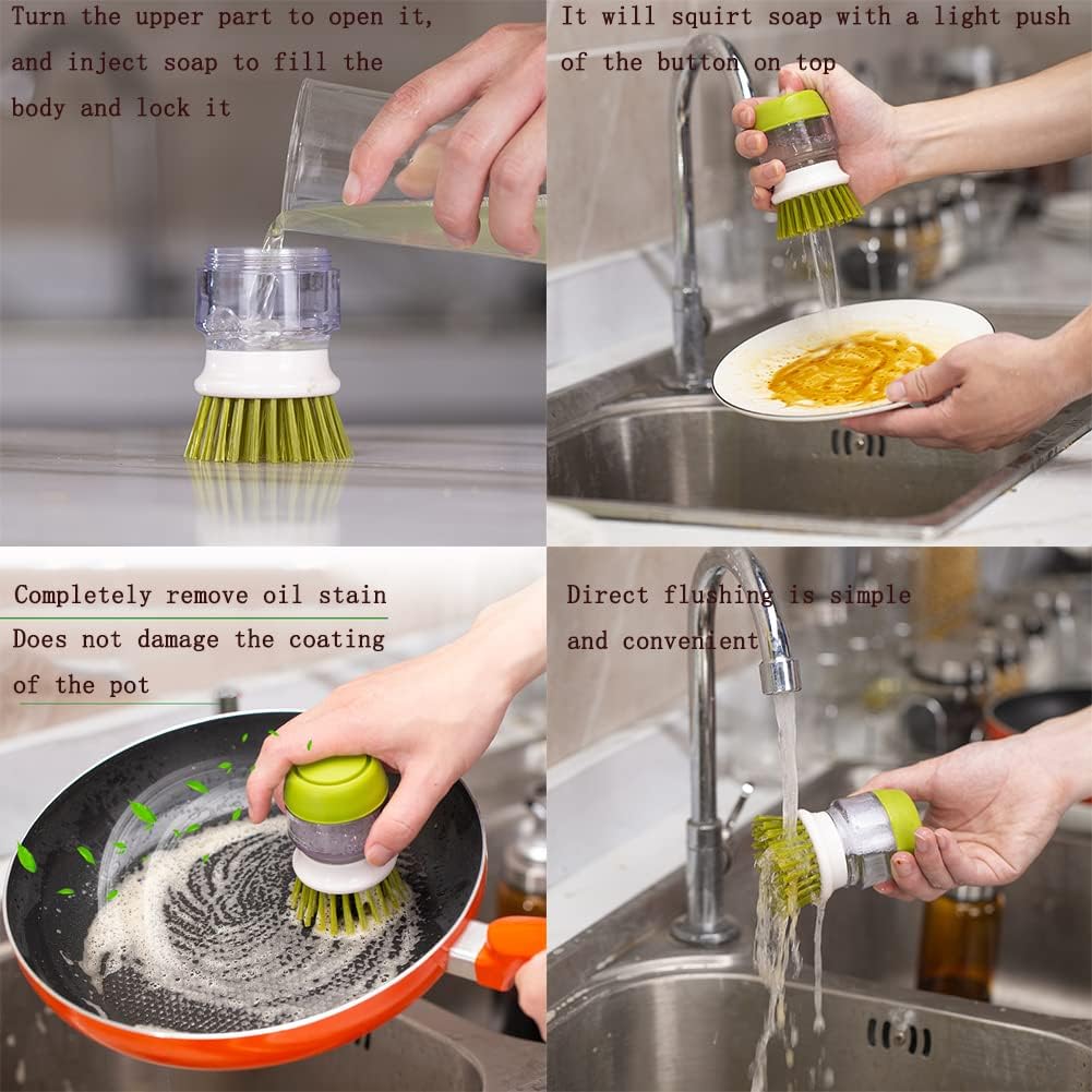 Dish Brush with Soap Dispenser, Dishwashing Kitchen Scrub Brushes Dish Scrubber with Holder Drip Tray, for Cleaning Pan, Pot, Sink