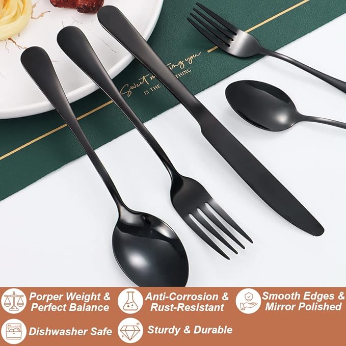 Lazycorner 30 Pcs Black Silverware Set for 6, Mirror Polished Flatware Set Stainless Steel Fork Knife Spoon, Food Grade Eating Utensils Sets, Reusable Silverwear Cutlery Set, Dishwasher Safe