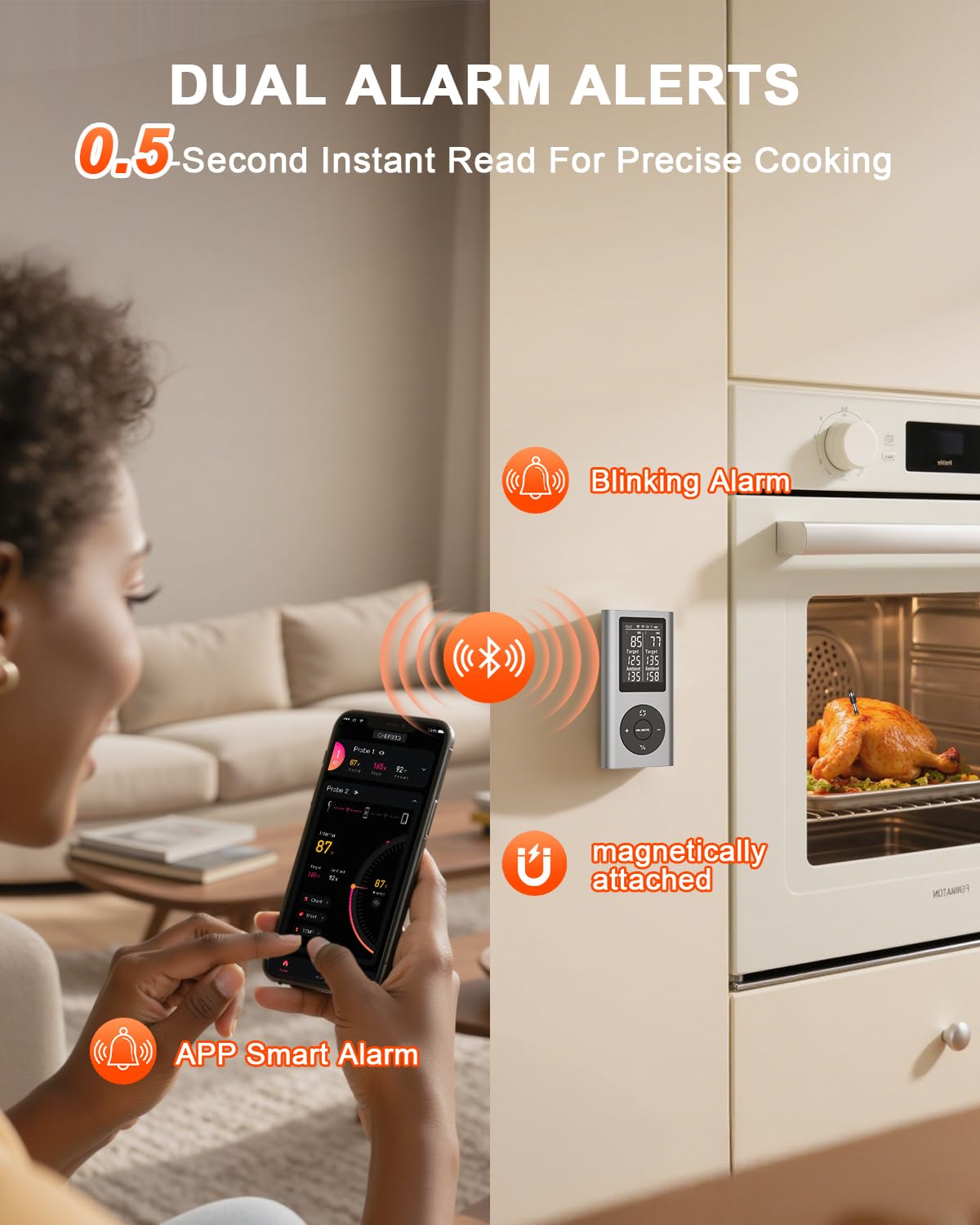 Wireless Meat Thermometer with Smart Timer & APP Alerts, 800ft Bluetooth Grill Food Thermometer, Dual 0.19In-Ultra Thin Probes, ±0.5℉ Accuracy, Big Digital Backlit Screen, for BBQ, Oven, Smoker