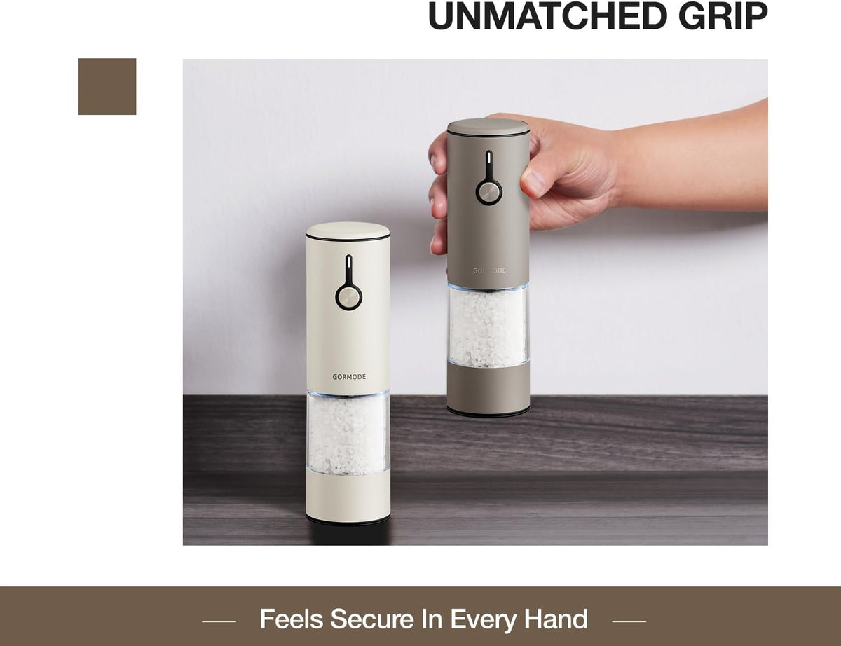 Stainless Steel Rechargeable Electric Salt and Pepper Grinder Set – USB Charging, One-Hand Electric Mill, Adjustable Coarseness, LED Light & Dust Cover – Brown + Cream