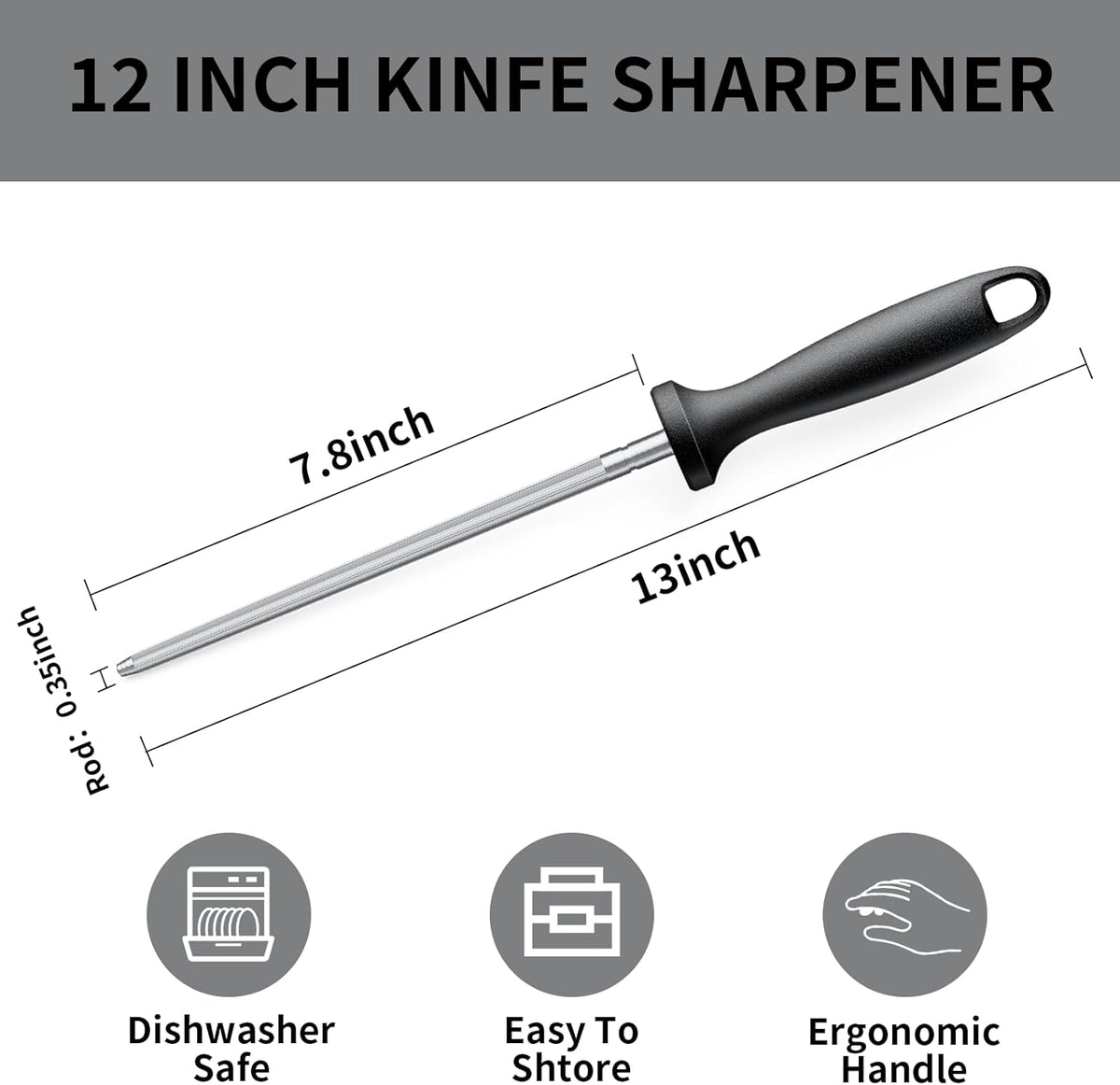Knife Sharpener Rod, Kitchen Knives Sharpener Carbon Steel Professional Knife Sharpening Steel, Honing Rod with Hanging Holes (13 inches)