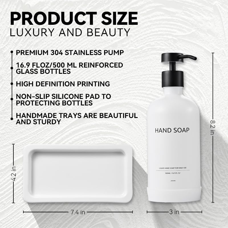 Glass Kitchen Soap Dispenser Set with Ceramic Tray,16.9 floz Hand and Dish Soap Dispenser for Kitchen and Bathroom Decor,White and Black Kitchen Accessories(White Bottles+Black Bottles)