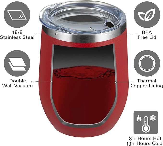 MEWAY 12oz Wine Tumbler 16 Pack Bulk Gifts for Women,Double Wall Vacuum Stainless Steel Travel Mug with Lid,Insulated Stemless Wine Cup Glass for Coffee,Cocktails,Drinks(Red,Set of 16)