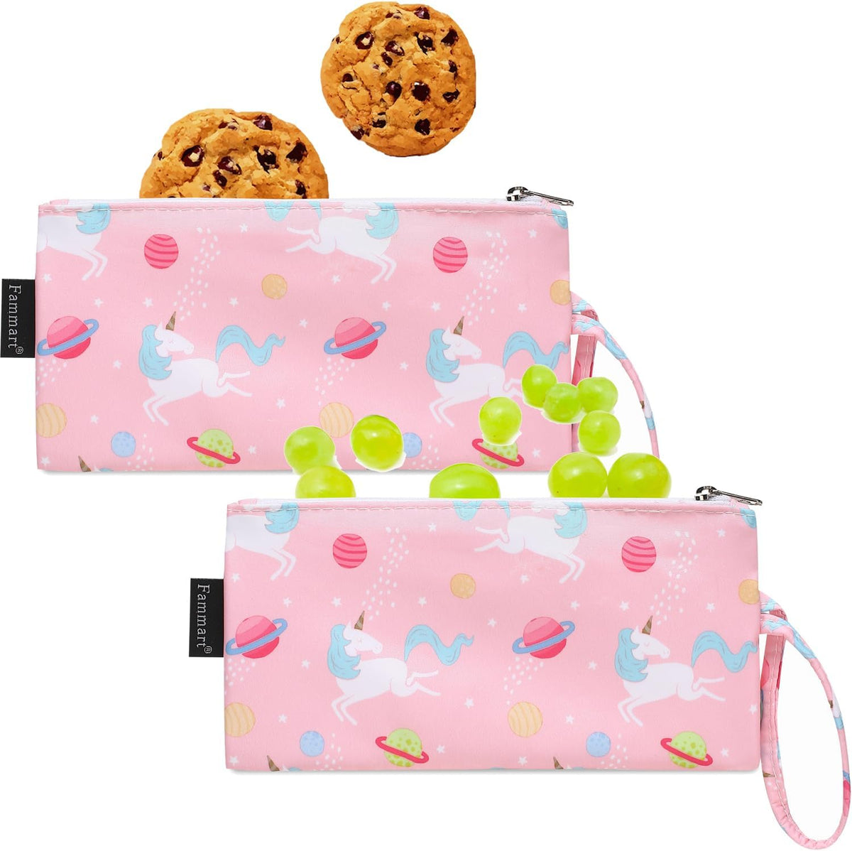 Reusable Sandwich Bag/Snack Bag for Kids & Adults, Dual Layer Lunch Bag with Handle, Washable, Food Safe, BPA Free (2-Pack, Planet Unicorn)