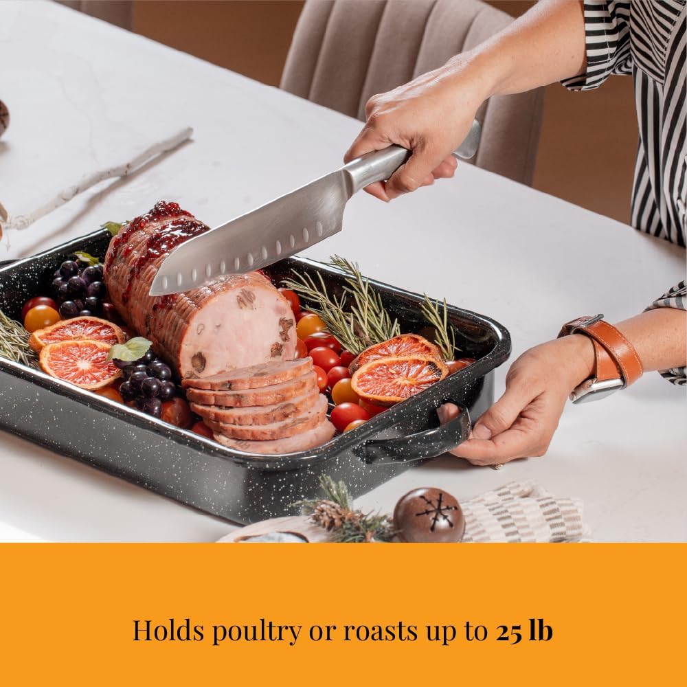 Granite Ware Open Roasting Pan with Flat Rack (Speckled Black) - Accommodates up to 25 lb poultry or roast.