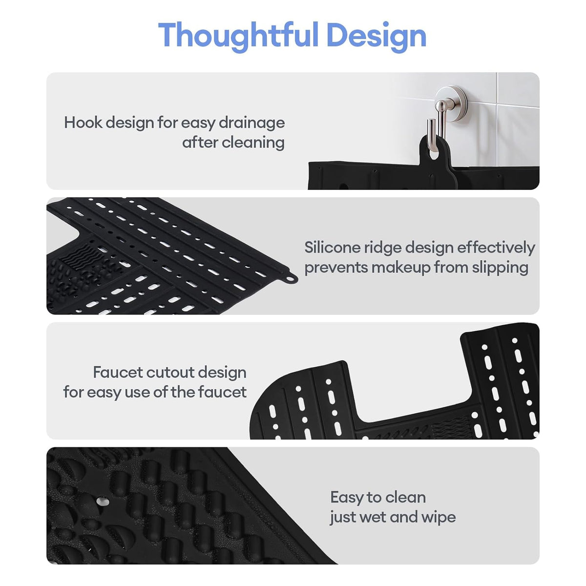 IeBilif Sink Cover for Counter Space, Foldable Bathroom Sink Covers, Makeup Organizer Mat Space Saver with Hanging Loop, Silicone Makeup Brush Cleaner Mat for Bathroom(Black)