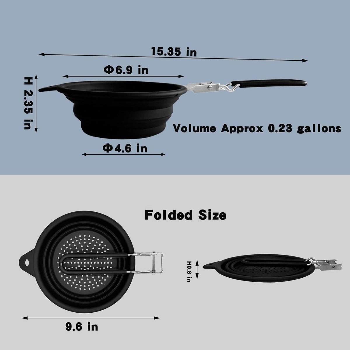 Silicone Collapsible Colander with Handle,Home/RV Kitchen Space Saving Silicone Colander,Drainage of Food,Vegetables,Fruits (Black)
