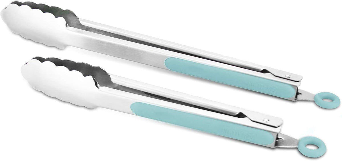 304 Stainless Steel Kitchen Cooking Tongs, 9" and 12" Set of 2 Sturdy Grilling Barbeque Brushed Locking Food Tongs with Ergonomic Grip, Aqua Sky