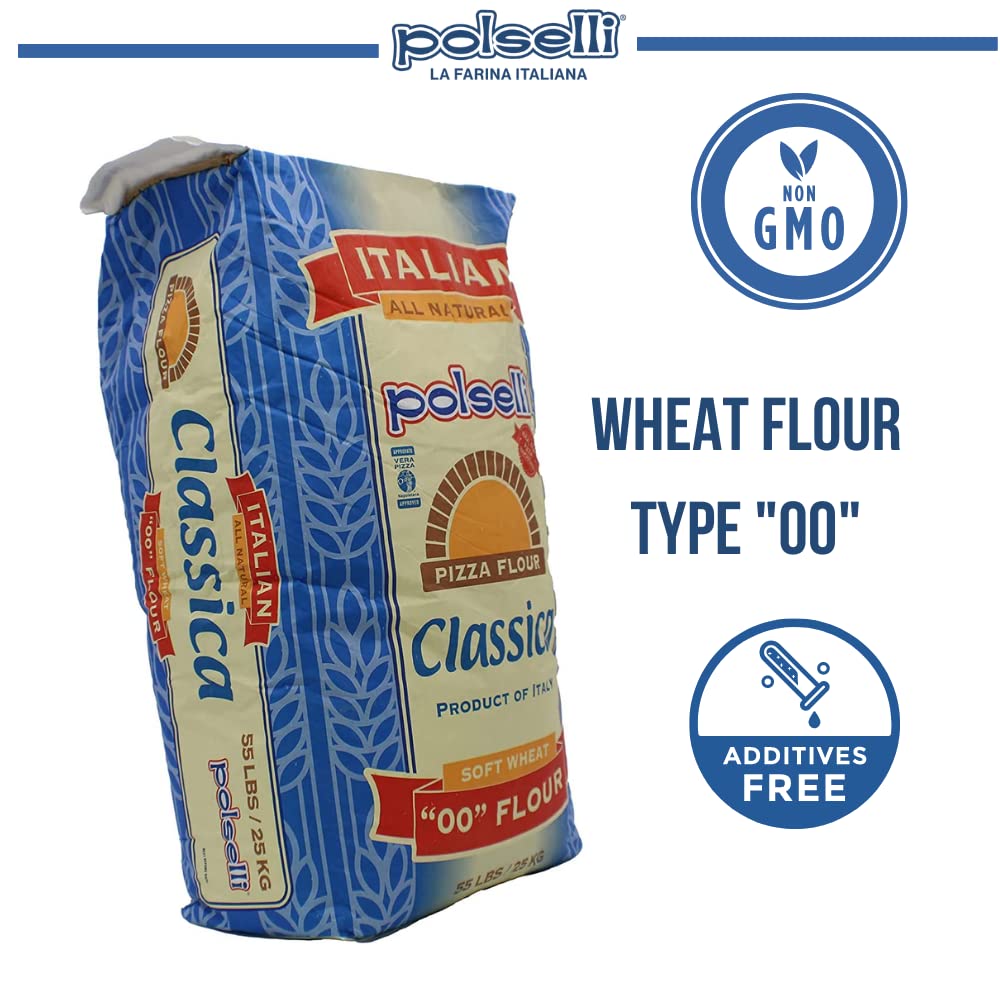 POLSELLI Classica, Tipo 00 Double Zero Flour for Pizza, Bread, Pastas, and more, All Natural, European, Unbleached, Unbromated, No Additives, Formulated for a 8+ hour rise, (25 kg) 55 lbs