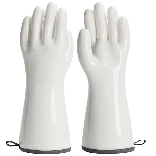 Oven Gloves Liquid Silicone Gloves Food Grade Heat Resistant Mitts with Fingers, for Cooking Baking Grilling Waterproof, with Nylon Liner, White, Large