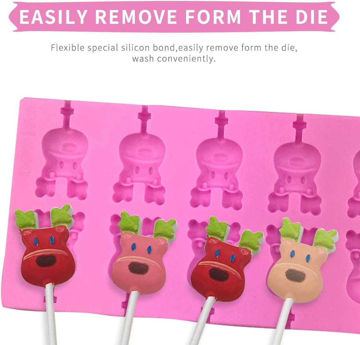 12 Capacity Silicone Deer Lollipop Mold Set, Sucker Molds and Chocolate Hard Candy Mold with 50pcs Lollipop Sucker Sticks, Candy Treat Bags, Gold Ties. (Deer)