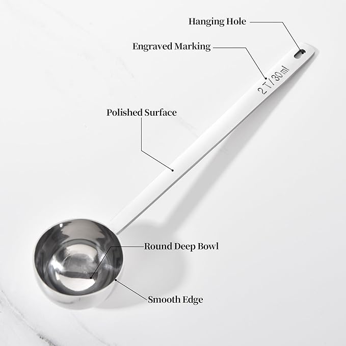 Long Handle Coffee Scoop: 8.6 Inch 18/8 Stainless Steel 2 Tablespoon Metal Measuring Spoon Tbsp Scoop for Coffee Beans, Grounds Coffee, Coffee Powder, Tea, Tall Jars (2Tbsp/30ml)
